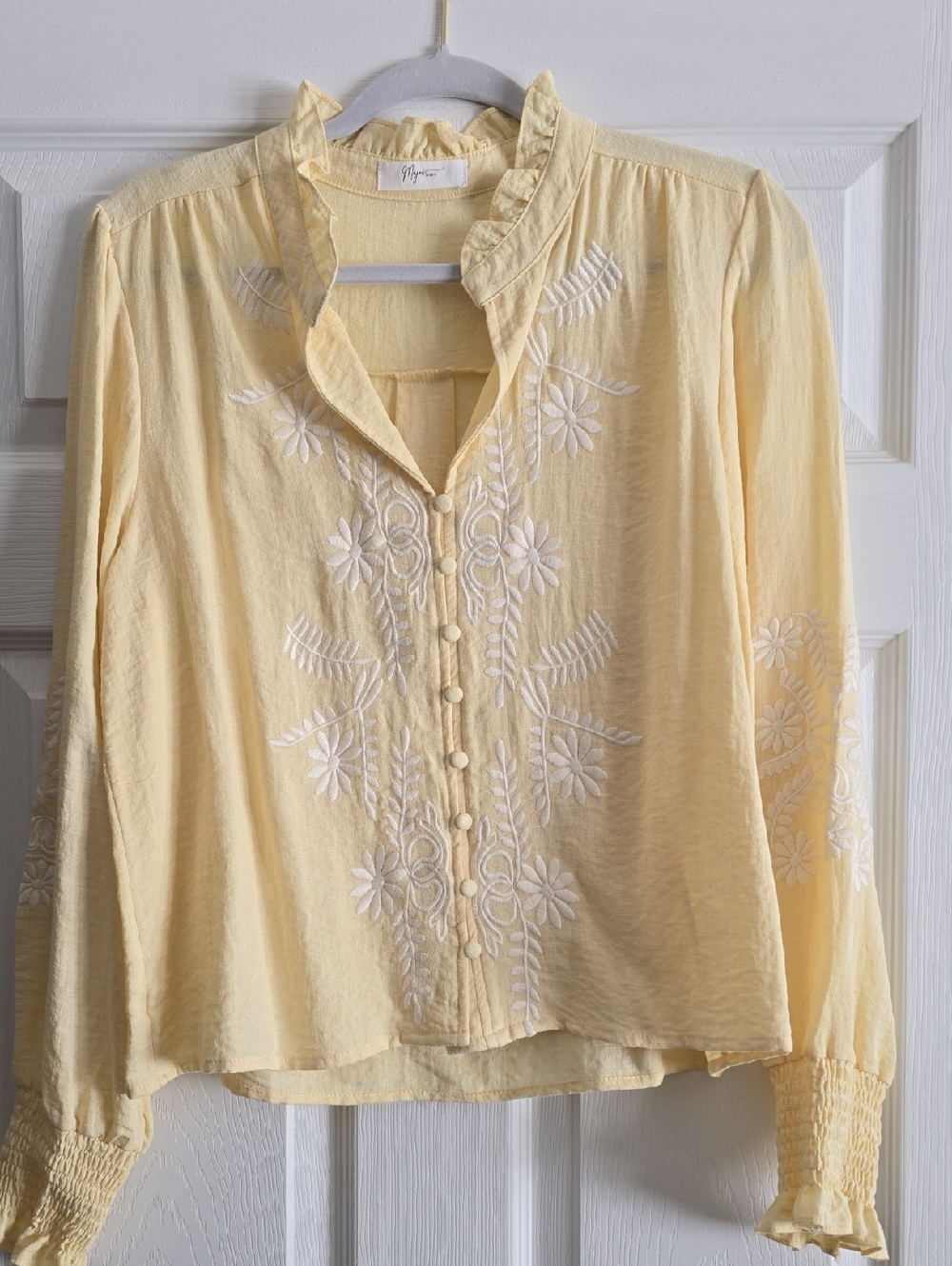 Embroidered Ruffle-Neck Blouse in Light Yellow